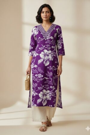 V Neck Embroidery Side Open Kurtis